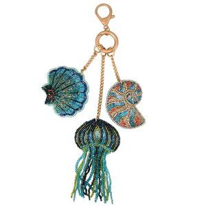 Mary Frances Shell Seeker Beaded Sea Shells Jelly Fish Bag Charm Gold Blue NEW